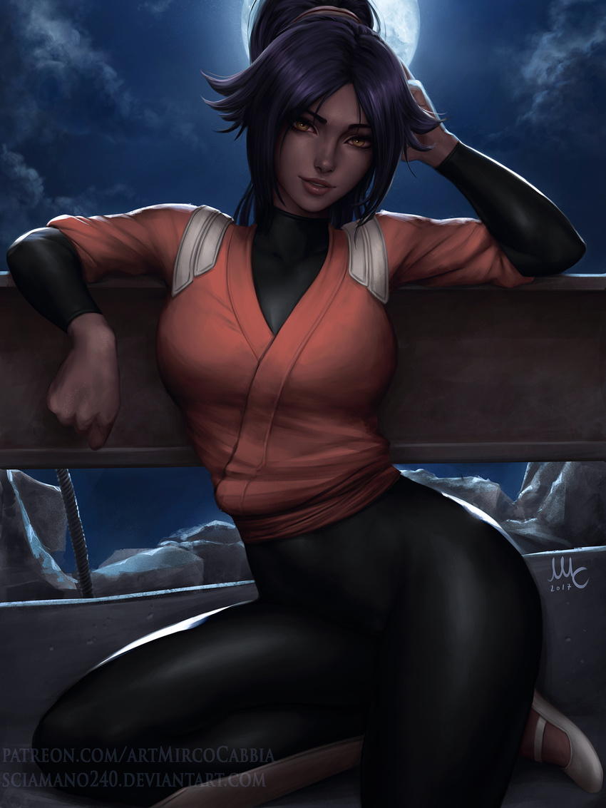 artist_name black_bodysuit black_hair black_legwear bleach bodysuit bodysuit_under_clothes brown_eyes dark_skin gumroad_reward hand_behind_head head_tilt highres jacket light_smile lips looking_at_viewer moon night night_sky orange_jacket paid_reward parted_lips ponytail purple_hair realistic sandals sciamano240 shihouin_yoruichi signature sitting sky smile solo watermark web_address