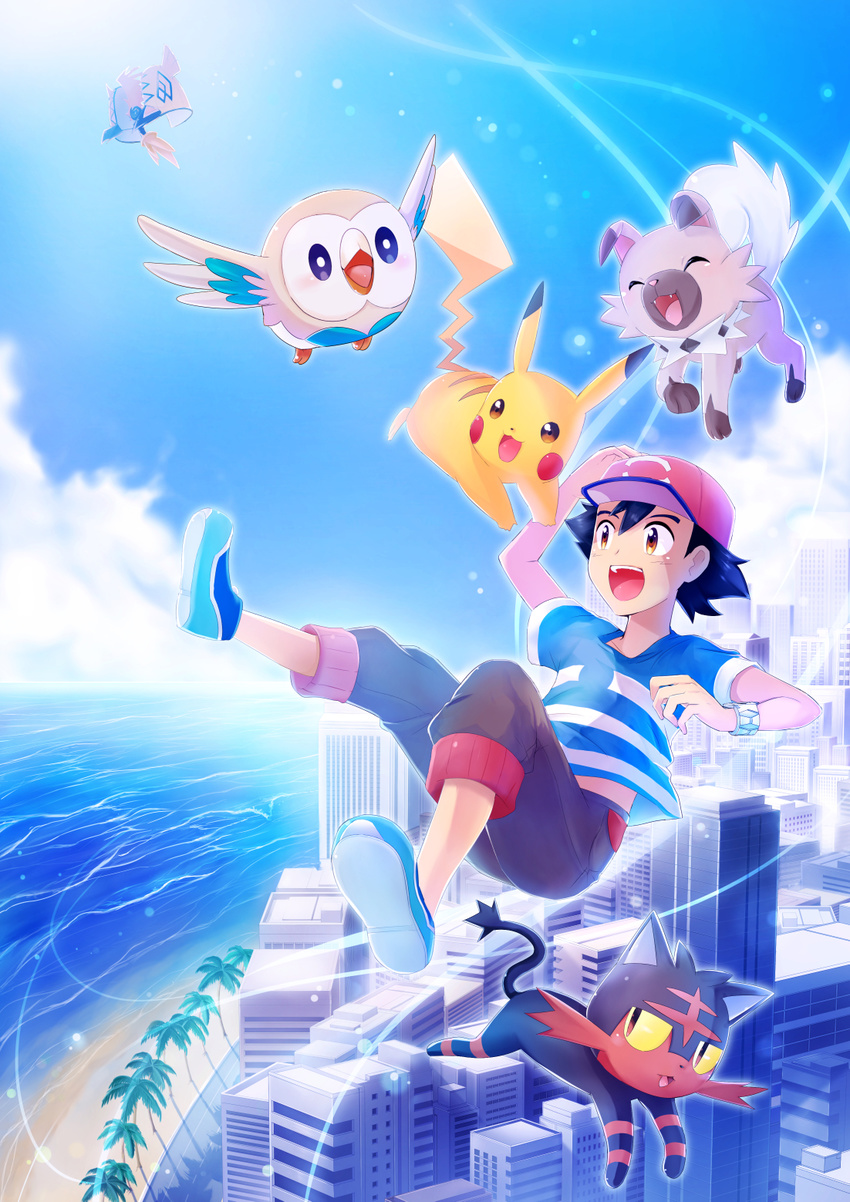 :d beach black_hair brown_eyes building city cloud day fangs floating gen_1_pokemon gen_7_pokemon hat highres light_particles litten midriff_peek naru_(kts5584) ocean open_mouth outdoors palm_tree pikachu pokemon pokemon_(anime) pokemon_(creature) pokemon_sm_(anime) road rockruff rowlet satoshi_(pokemon) shirt shore sky skyscraper smile t-shirt tapu_koko tree