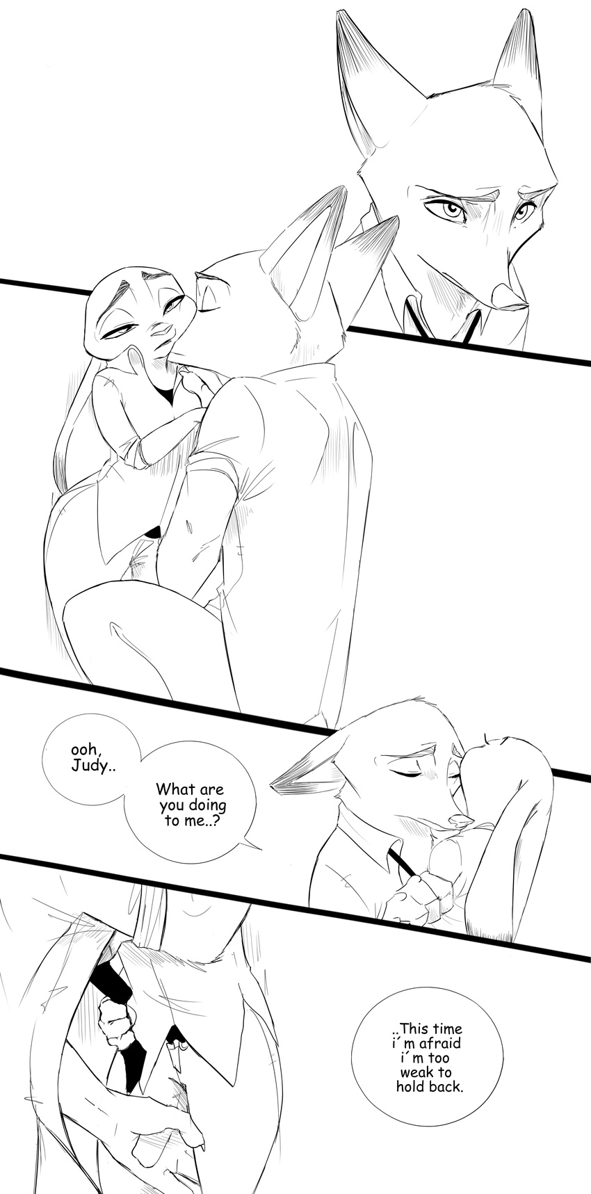 2017 anthro black_and_white canine clothed clothing comic dialogue disney duo english_text female fox judy_hopps lagomorph male mammal monochrome nick_wilde rabbit spintherella text zootopia