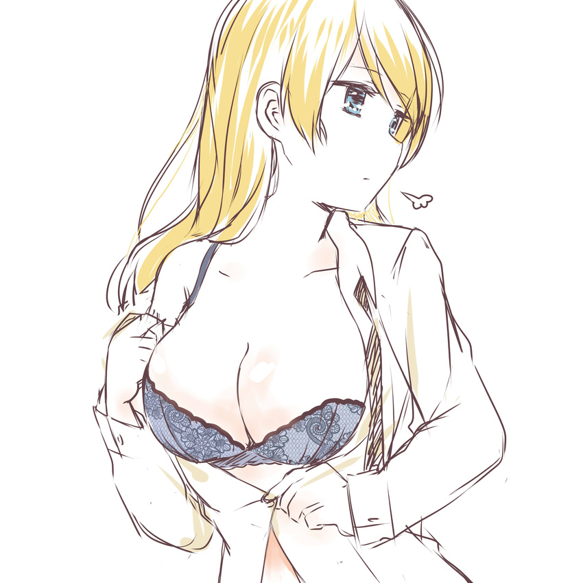 absurdres alternate_hairstyle blonde_hair blue_bra blue_eyes bra braid breasts cleavage commentary_request darjeeling dress_shirt girls_und_panzer hair_down highres lace lace-trimmed_bra looking_to_the_side medium_breasts open_clothes partially_unbuttoned shirt short_hair sketch solo underwear visible_air white_background zol_(rambling7)