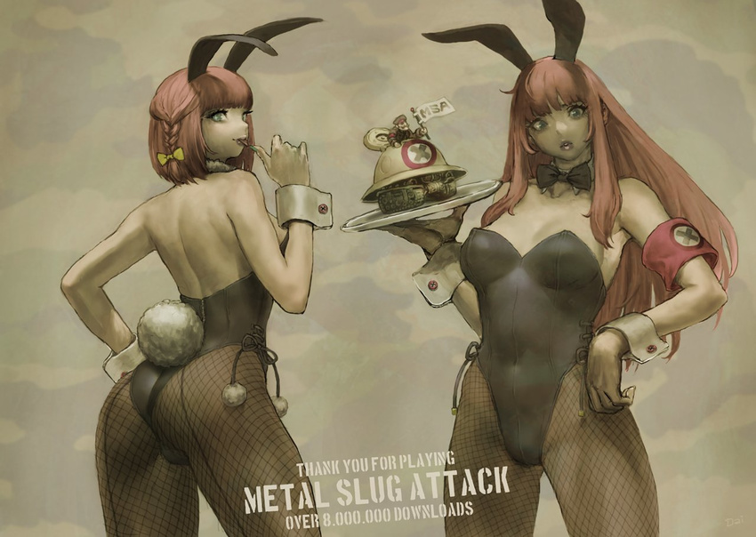 abigail_(metal_slug) animal_ears armband ass bare_shoulders beatriz_(metal_slug) black_legwear black_leotard bow bowtie braid bunny_ears bunny_girl bunny_tail bunnysuit covered_navel daichan_mona detached_collar donald_morden fake_animal_ears fishnet_pantyhose fishnets leotard long_hair metal_slug metal_slug_attack miniboy multiple_girls pantyhose pink_hair sepia short_hair siblings sisters tail wrist_cuffs