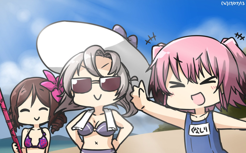 &gt;:) &gt;_&lt; 3girls bikini brown_hair closed_eyes commentary cosplay dated drill_hair fate/grand_order fate_(series) flower gae_bolg grey_hair hair_flower hair_ornament hamu_koutarou harukaze_(kantai_collection) hat hibiscus highres kantai_collection kinugasa_(kantai_collection) kunashiri_(kantai_collection) multiple_girls name_tag noto_mamiko one-piece_swimsuit pink_hair scathach_(fate)_(all) scathach_(swimsuit_assassin)_(fate) scathach_(swimsuit_assassin)_(fate)_(cosplay) school_swimsuit seiyuu_connection smile sun_hat sunglasses swimsuit towel towel_around_neck v-shaped_eyebrows