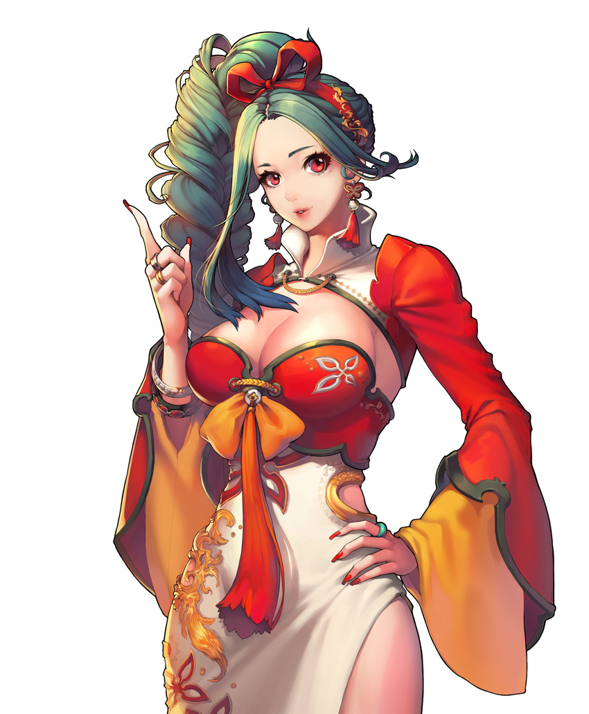 aqua_hair asymmetrical_hair bangle bracelet braid breasts cleavage cowboy_shot earrings hairband hand_on_hip highres index_finger_raised jewelry large_breasts long_hair looking_at_viewer majo nail_polish official_art original parted_lips red_eyes red_nails ring romance_of_the_three_kingdoms side_braid solo wide_sleeves