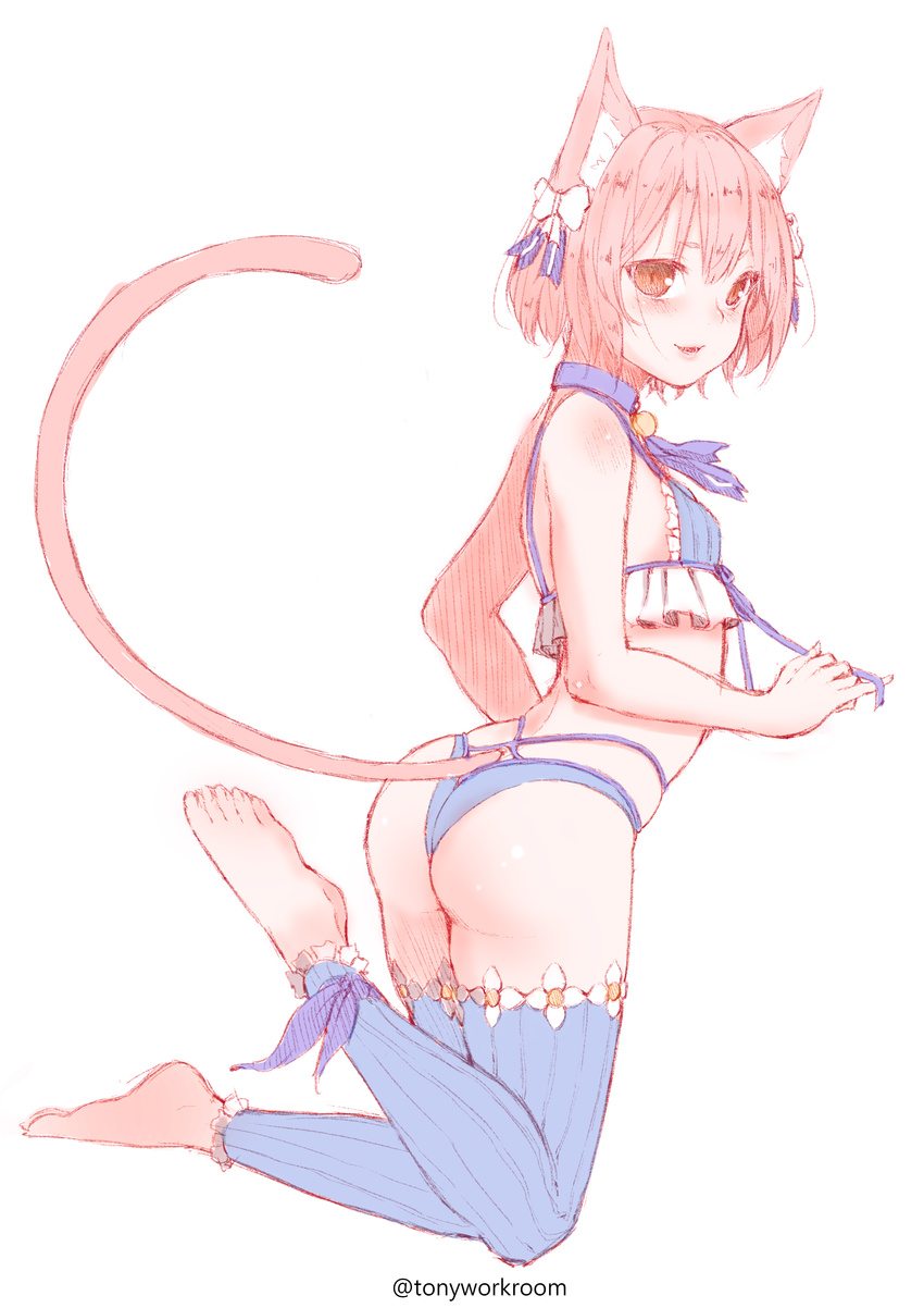 absurdres animal_ears ankle_ribbon ass bangs bare_arms bare_shoulders barefoot blue_bra blue_choker blue_legwear blue_panties blue_ribbon blush bob_cut body_blush bolo_tie bow bra brown_eyes brown_hair cat_ears cat_tail choker commentary_request eyebrows_visible_through_hair eyes_visible_through_hair facebook_username feet_up felix_argyle frilled_bra frilled_legwear frills from_side front-tie_top full_body hair_between_eyes hair_bow hair_ribbon hatching_(texture) highleg highleg_panties highres jewelry looking_at_viewer looking_to_the_side male_focus open_mouth otoko_no_ko pale_color panties parted_bangs pendant pinky_out plantar_flexion puffy_chest re:zero_kara_hajimeru_isekai_seikatsu ribbon shiny shiny_skin short_eyebrows short_hair simple_background sketch skindentation sleeveless slit_pupils solo spaghetti_strap strap striped striped_legwear striped_ribbon tail thighhighs toeless_legwear toenails underwear vertical-striped_bra vertical-striped_legwear vertical_stripes white_background white_bow zhaofeng_yinyue