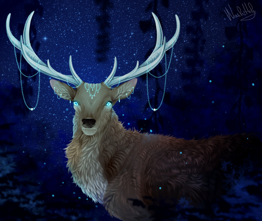 2018 blue_eyes brown_fur cervine detailed_background digital_media_(artwork) eyelashes feral fur mammal nashiholy night outside sky solo standing star starry_sky