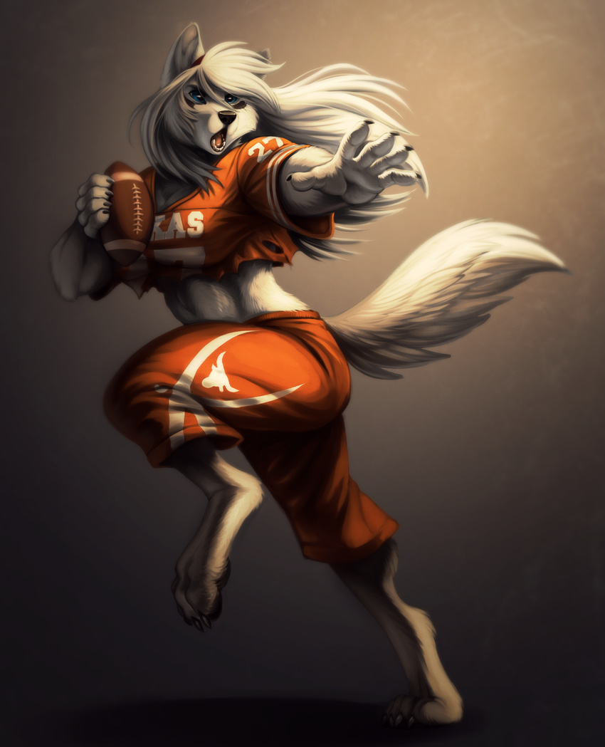 american_football anthro canine clothed clothing female fur hair mammal muscular neodokuro open_mouth running solo sport
