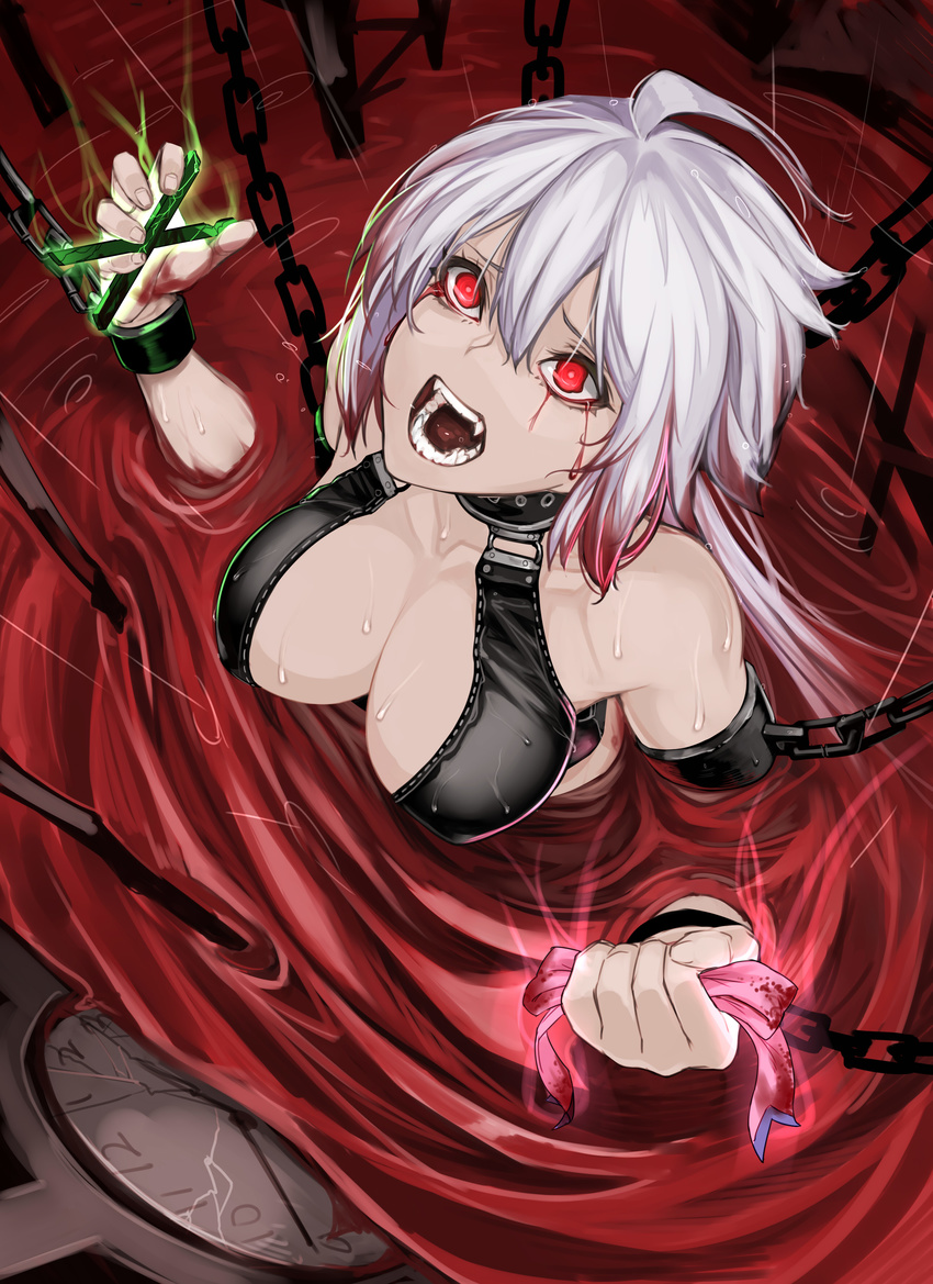absurdres ahoge bare_shoulders black_bustier black_choker blood blood_stain bloody_hair bloody_hands bloody_tears bondage_outfit breasts bustier chain chained choker cleavage clock collarbone crying crying_with_eyes_open cuffs fangs from_above hair_ornament hair_ornament_removed highres holding leather long_hair medium_breasts midriff_peek no_gloves no_pupils open_mouth partially_submerged pink_ribbon rain red_eyes ribbon ryu0120 senki_zesshou_symphogear shackles skin_tight solo sweat tears teeth tongue upper_body white_hair wrist_cuffs x_hair_ornament yukine_chris