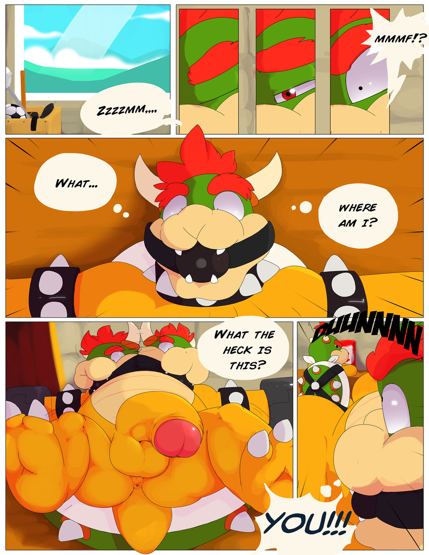 anus arms_tied ball_gag balls bound bowser bowser_jr. comic digital_media_(artwork) duo english_text eyes_closed flaccid gag gagged hi_res humanoid_penis koopa male male/male mario_bros nintendo nude penis redemption3445 retracted_foreskin scalie sleeping speech_bubble spread_legs spreading text uncut video_games waking_up worried