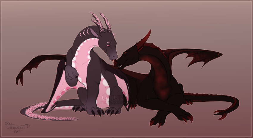 2018 ambiguous_gender claws dragon duo feral horn hydlunn lying membranous_wings pink_eyes scalie simple_background smile spines western_dragon wings