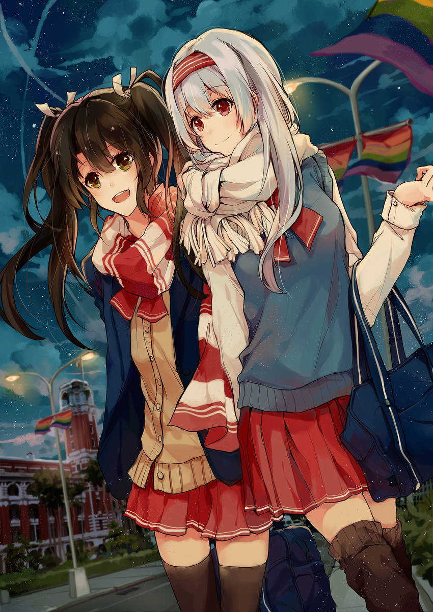 absurdres alternate_costume bag bangs black_legwear blue_jacket blue_sweater breasts brown_eyes brown_hair building buttons cardigan closed_mouth cloud commentary_request dutch_angle eyebrows_visible_through_hair flag grass green_eyes hair_between_eyes hair_ribbon hairband highres jacket kantai_collection lamppost long_hair looking_at_another medium_breasts multiple_girls night night_sky open_mouth outdoors rainbow_flag red_hairband red_skirt remodel_(kantai_collection) ribbon round_teeth scarf school_bag school_uniform shoukaku_(kantai_collection) sidelocks silver_hair skirt sky small_breasts smile standing star_(sky) sweater sweater_vest teeth thighhighs tree twintails uuer_(944942523) white_ribbon white_scarf window zettai_ryouiki zuikaku_(kantai_collection)