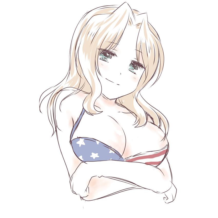 absurdres american_flag_swimsuit blonde_hair blush breasts cleavage commentary_request cropped_torso crossed_arms flag_print girls_und_panzer green_eyes hair_intakes highres kay_(girls_und_panzer) large_breasts long_hair print_swimsuit sketch smile solo swimsuit upper_body white_background zol_(rambling7)