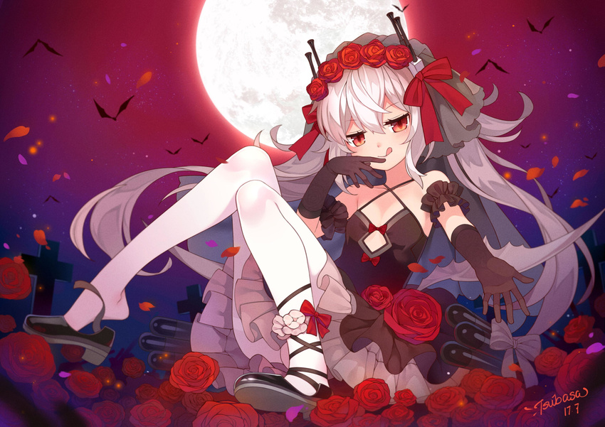 :q absurdres ankle_lace-up artist_name azur_lane bare_shoulders bat black_dress black_gloves chinese collarbone commentary_request criss-cross_halter cross cross-laced_footwear dated dress flat_chest flower full_body full_moon gloves hair_between_eyes hair_flower hair_ornament hair_ribbon halterneck hand_to_own_mouth highres legs long_hair looking_at_viewer moon night outstretched_arm pantyhose petals red_eyes red_flower red_rose ribbon rose rose_petals shoe_dangle shoes sleeveless sleeveless_dress slit_pupils solo tombstone tongue tongue_out tsubasa_tsubasa twintails v-shaped_eyebrows vampire vampire_(azur_lane) veil very_long_hair white_hair white_legwear