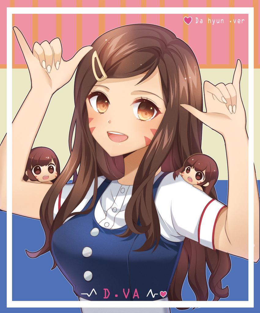 :d \m/ alternate_costume atobesakunolove bangs breasts brown_eyes brown_hair buttons character_name chibi d.va_(overwatch) dahyun_(twice) double_\m/ dress eyebrows_visible_through_hair eyelashes facepaint fingernails hair_ornament hairclip hands_up heart highres long_fingernails long_hair looking_at_viewer medium_breasts open_mouth overwatch shirt short_sleeves sleeveless sleeveless_dress smile solo swept_bangs twice_(group) undershirt upper_body upper_teeth whisker_markings white_shirt