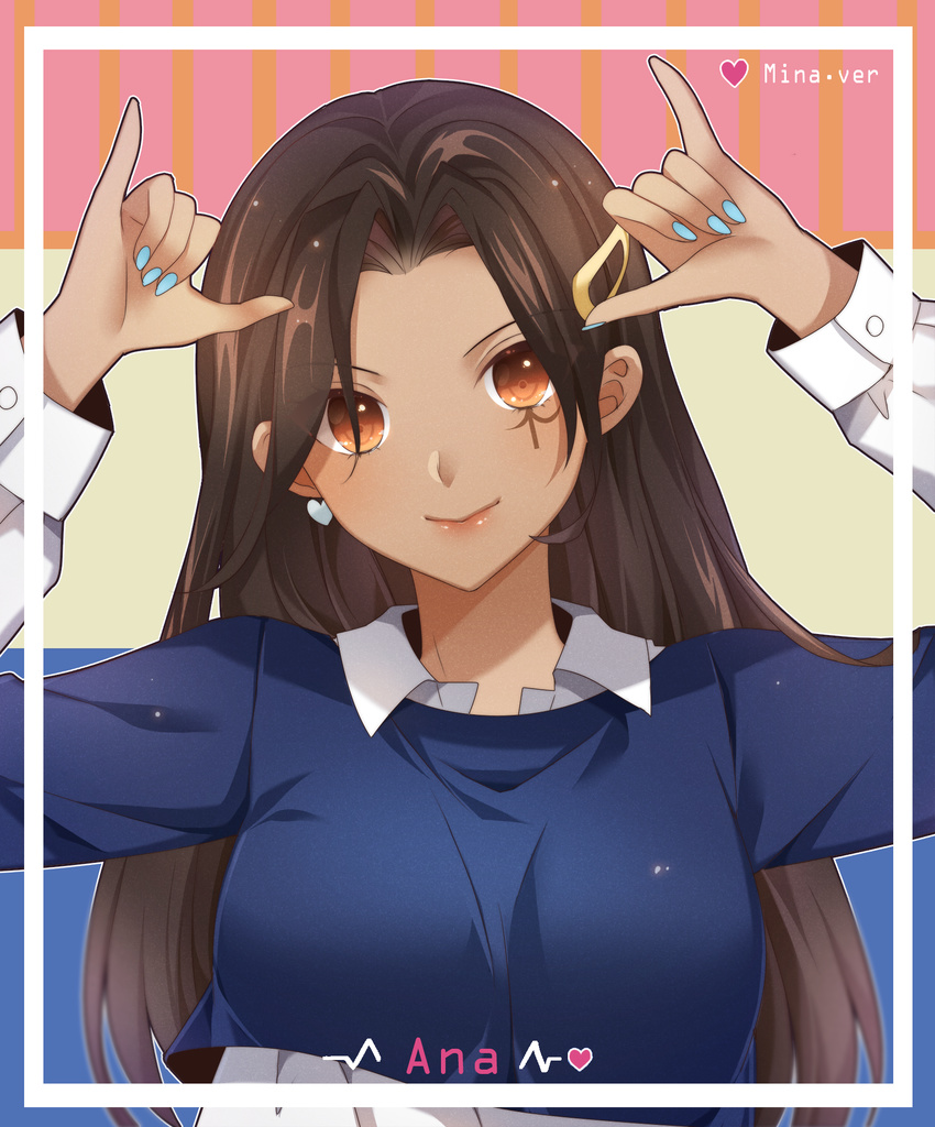 \m/ alternate_costume ana_(overwatch) atobesakunolove bangs blue_nails blue_shirt breasts brown_eyes brown_hair brown_lipstick captain_amari character_name closed_mouth collared_shirt dark_skin double_\m/ earrings eyebrows_visible_through_hair fingernails hair_ornament hairclip hands_up heart heart_earrings highres jewelry lipstick long_fingernails long_hair long_sleeves looking_at_viewer makeup medium_breasts mina_(twice) nail_polish overwatch parted_bangs shirt smile solo twice_(group) upper_body white_shirt wing_collar younger