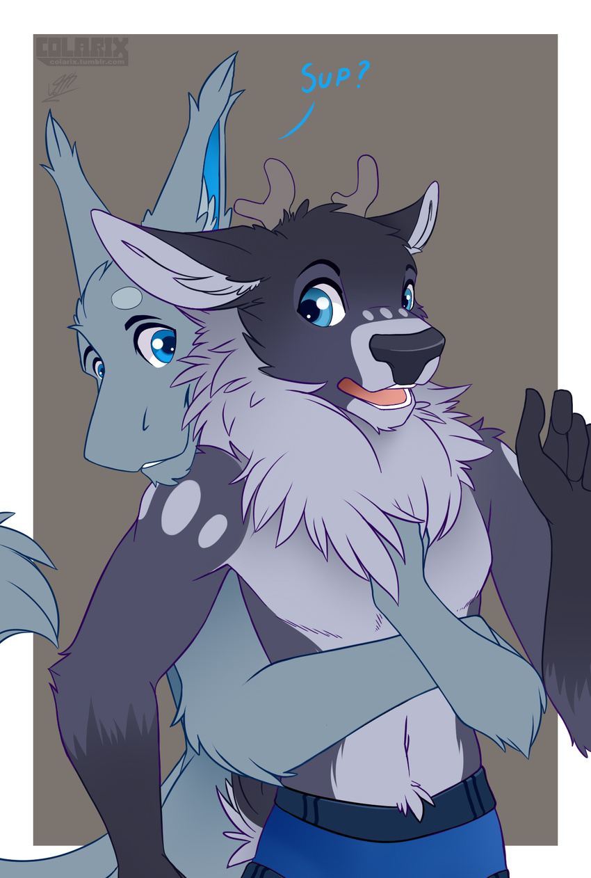 2016 anthro antlers black_nose blue_eyes border boxer_briefs brown_background bulge cervine clothed clothing colarix colarix_(fursona) deer dialogue digital_media_(artwork) duo english_text front_view fur gloves_(marking) hi_res horn hug hugging_from_behind male male/male mammal markings navel neck_tuft nude open_mouth signature simple_background surprise sven_(notsafeforhoofs) text topless tuft underwear white_border