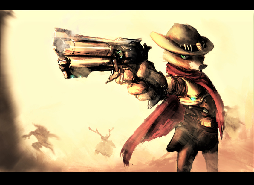 2017 anthro belt cape clothed clothing crossover disney fan_character green_eyes group gun handgun hat holding_object holding_weapon holster letterbox looking_at_viewer male mammal max_thrash mccree_(overwatch) overwatch raccoon ranged_weapon revolver solo_focus sprinkah standing video_games weapon zootopia