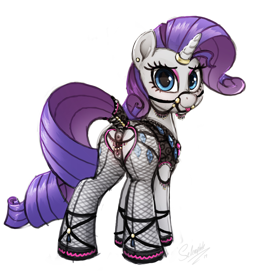 2017 absurd_res anatomically_correct anatomically_correct_pussy animal_genitalia animal_pussy butt cutie_mark equine equine_pussy female feral friendship_is_magic hair hi_res horn looking_at_viewer mammal my_little_pony purple_hair pussy rarity_(mlp) selenophile simple_background smile solo tongue tongue_out unicorn white_background