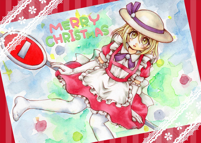 :d alternate_color apron bangs blonde_hair bowler_hat christmas collared_shirt dress dutch_angle elbow_gloves eyebrows_visible_through_hair eyes_visible_through_hair frilled_dress frills gloves hair_between_eyes hat hat_ribbon highres io_(maryann_blue) kana_anaberal lace looking_at_viewer maid_apron merry_christmas no_shoes open_mouth pantyhose puffy_short_sleeves puffy_sleeves purple_ribbon red_dress ribbon road_sign shirt short_hair short_sleeves sign sitting smile solo tongue touhou touhou_(pc-98) traditional_media waist_apron watercolor_(medium) white_gloves white_hat white_legwear yellow_eyes