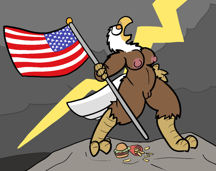 2017 aliasing anthro areola avian bald_eagle bird breasts digital_media_(artwork) eagle feathers female food lightning nipples nude open_mouth pussy solo stars_and_stripes trout_(artist) united_states_of_america
