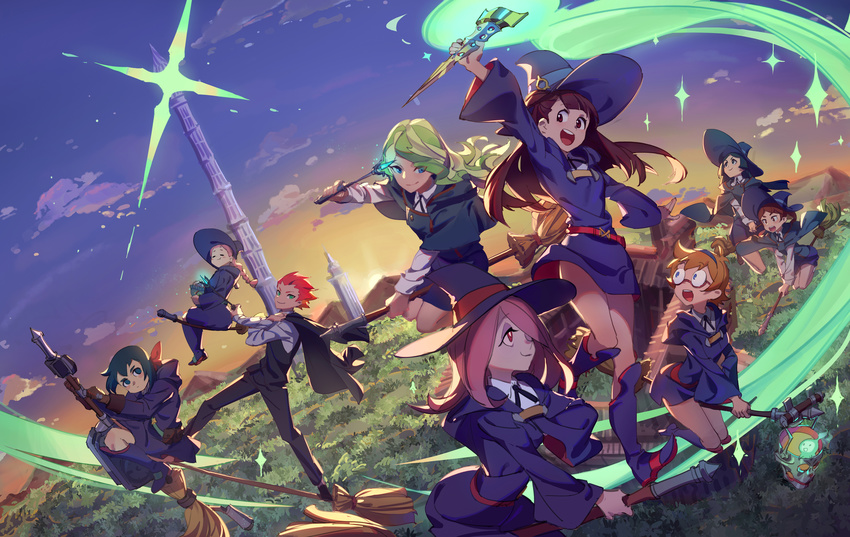 absurdres amanda_o'neill barbara_parker broom broom_riding cloud commentary_request constanze_amalie_von_braunschbank-albrechtsberger diana_cavendish everyone hair_over_one_eye hanna_england hat highres jasminka_antonenko kagari_atsuko little_witch_academia lotte_jansson multiple_girls pg_(pgouwoderen) shiny_rod sky staff sucy_manbavaran sunset tower witch witch_hat