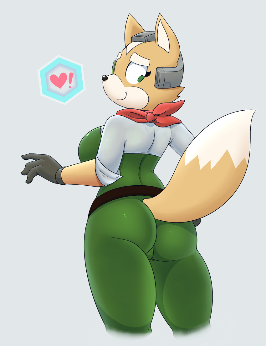 ! &lt;3 2014 acstlu anthro bandanna belt big_breasts big_butt black_nose breasts butt canine clothed clothing crossgender digital_media_(artwork) dipstick_tail female fox fox_mccloud fur gloves green_eyes grey_background hi_res looking_back mammal multicolored_fur multicolored_tail nintendo simple_background smile solo star_fox tan_fur tight_clothing two_tone_fur two_tone_tail video_games white_fur