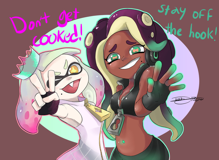 2017 beauty_mark cephalopod clothing crown d-andrawss dark_skin dress duo english_text fangs female fingerless_gloves gloves green_eyes hair headphones hi_res humanoid inkling jacket marina_(splatoon) marine mask navel nintendo not_furry octoling octopus one_eye_closed pearl_(splatoon) short_hair smile splatoon squid tentacle_hair tentacles text video_games wink yellow_eyes