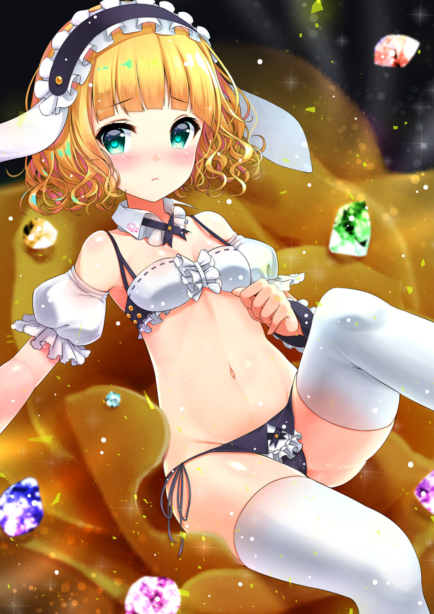 adapted_costume animal_ears aqua_eyes bangs black_panties blonde_hair blunt_bangs blush bolo_tie bra breasts bunny_ears cleavage closed_mouth commentary_request detached_collar detached_sleeves fake_animal_ears frilled_bra frilled_cuffs frilled_panties frilled_sleeves frills gem gochuumon_wa_usagi_desu_ka? groin headdress heart heart-shaped_pupils highres kirima_sharo leg_up light_particles looking_at_viewer maid_bikini maid_headdress navel panties sawa_(sawasaku) short_hair side-tie_panties sitting small_breasts solo stomach symbol-shaped_pupils thighhighs underwear wavy_hair white_bra white_collar white_legwear white_sleeves wrist_cuffs