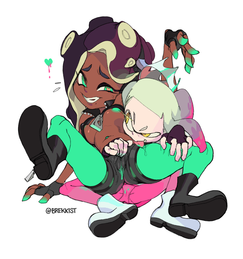 2girls artist_name boots breasts brekkist cephalopod_eyes cleavage crop_top crown dark_skin fingering fingering_through_clothes fingerless_gloves girl_on_top gloves green_eyes green_nails heart highres hime_(splatoon) iida_(splatoon) interracial licking looking_at_viewer medium_breasts mole mole_under_mouth multicolored_hair multiple_girls nail_polish navel_piercing nipples no_bra octarian panties panties_under_pantyhose pantyhose pantyhose_under_shorts piercing pink_hair pink_pupils purple_hair pussy_juice pussy_juice_stain shirt_lift shorts smile splatoon_(series) splatoon_2 spread_legs symbol-shaped_pupils teeth tentacle_hair thigh_grab through_clothes tongue tongue_out two-tone_hair underwear white_hair yellow_eyes yuri zipper zipper_pull_tab