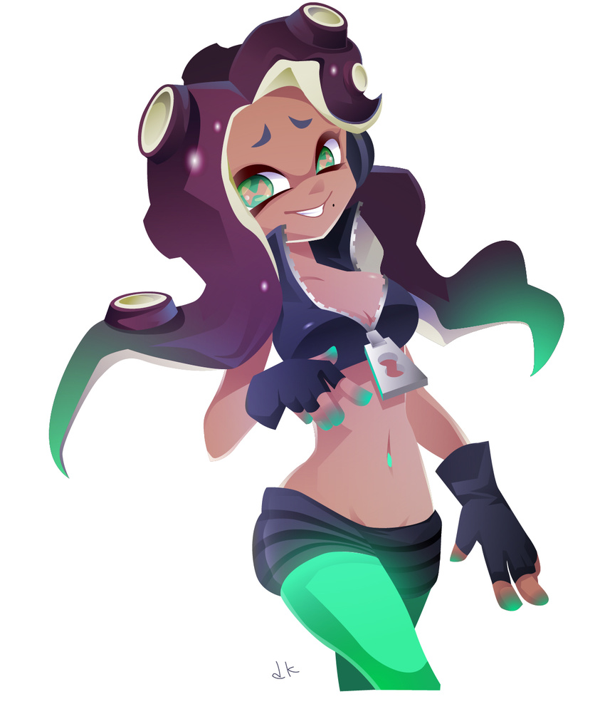 2017 beauty_mark cephalopod clothing dark_skin female fingerless_gloves gloves green_eyes headphones humanoid jacket marina_(splatoon) marine nintendo not_furry octoling octopus signature simple_background solo splatoon tentacle_hair tentacles video_games でーけー