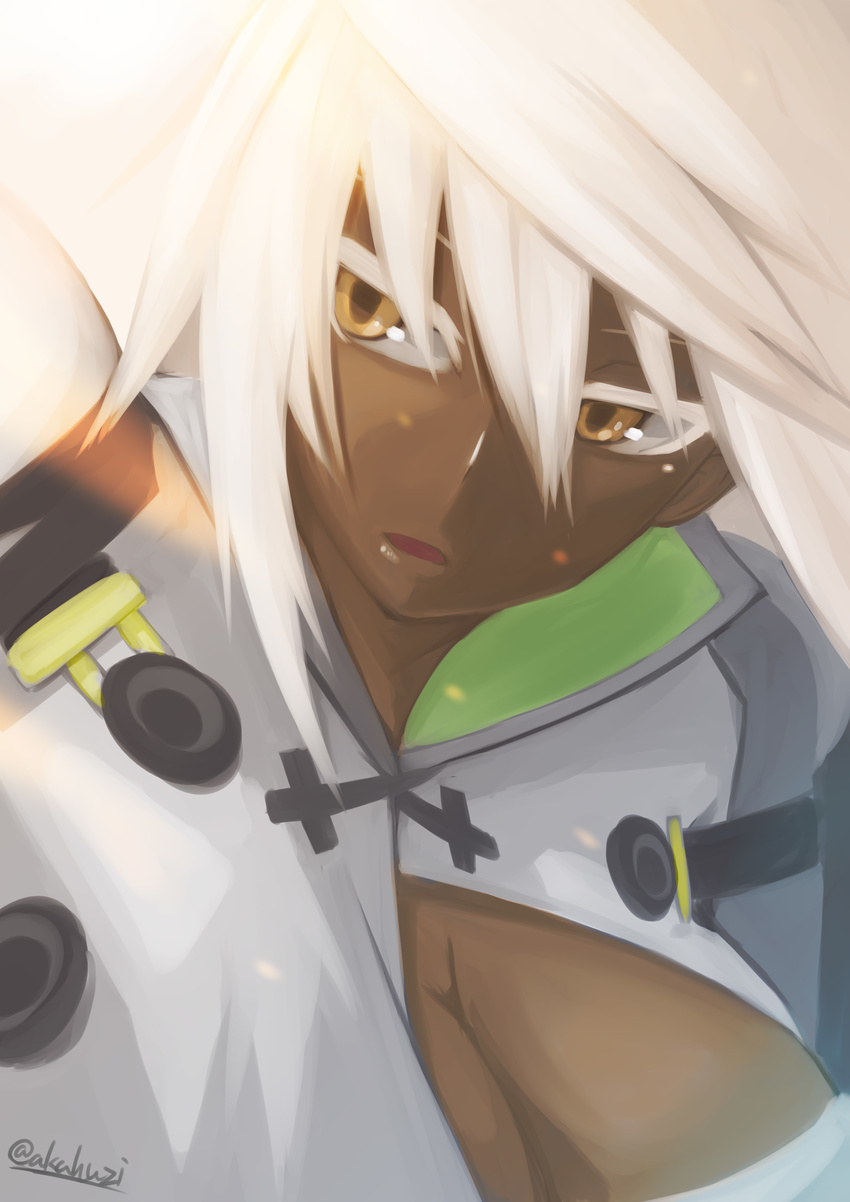 absurdres akahuzi bad_id bad_pixiv_id breasts cleavage dark_skin guilty_gear guilty_gear_xrd highres large_breasts long_hair looking_away parted_lips ramlethal_valentine solo upper_body white_hair yellow_eyes