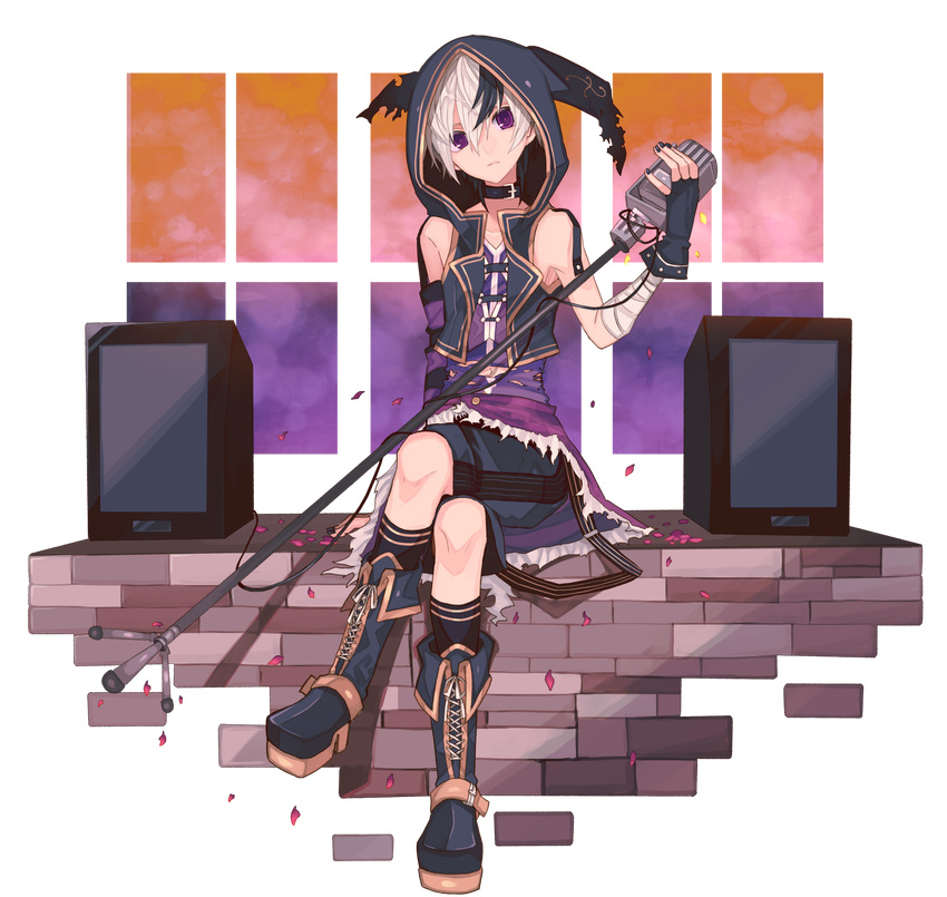 androgynous arm_support bare_shoulders black_gloves black_nails boots cross-laced_footwear crossed_legs fingerless_gloves flower_(vocaloid) full_body gloves highres lace-up_boots looking_at_viewer miwasiba multicolored_hair nail_polish official_art petals purple_eyes shorts transparent_background two-tone_hair v_flower_(vocaloid4) vest vocaloid white_hair