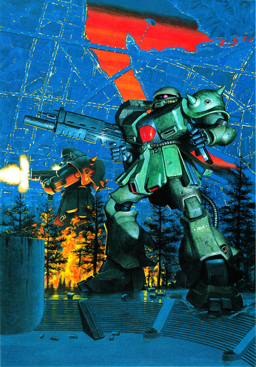 absurdres burning casing_ejection damaged destruction fire firing flower_bed forest gun gundam gundam_0080 highres holding holding_gun holding_weapon kaida_yuuji looking_at_viewer looking_to_the_side machine_gun magazine_(weapon) mecha muzzle_flash nature no_humans official_art oldschool pine_tree realistic reloading scan science_fiction shade shell_casing shoulder_spikes spikes stairs standing traditional_media tree war weapon zaku_ii_fz_kai