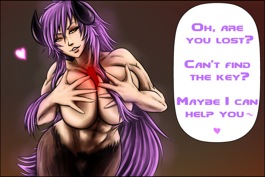 1girl abs areola_slip areolae breasts card demon_girl doom_(game) fur hdoom heart hell_knight horns huge_breasts lips long_hair looking_at_viewer muscle muscular_female nude parted_lips personification purple_hair solo text very_long_hair yellow_eyes
