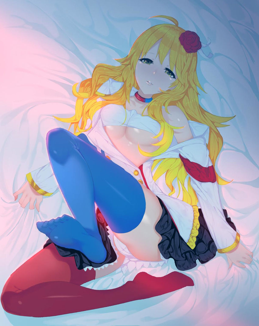 ahoge bed_sheet blonde_hair breasts choker cleavage commentary_request flower from_above green_eyes hair_flower hair_ornament highres hoshii_miki idolmaster idolmaster_(classic) idolmaster_2 kimjunho leg_up lips long_hair looking_at_viewer lying on_back on_bed panties pantyshot pantyshot_(lying) partially_undressed rose sheet_grab solo starpiece_memories thighhighs underboob underwear very_long_hair wavy_hair white_panties zettai_ryouiki