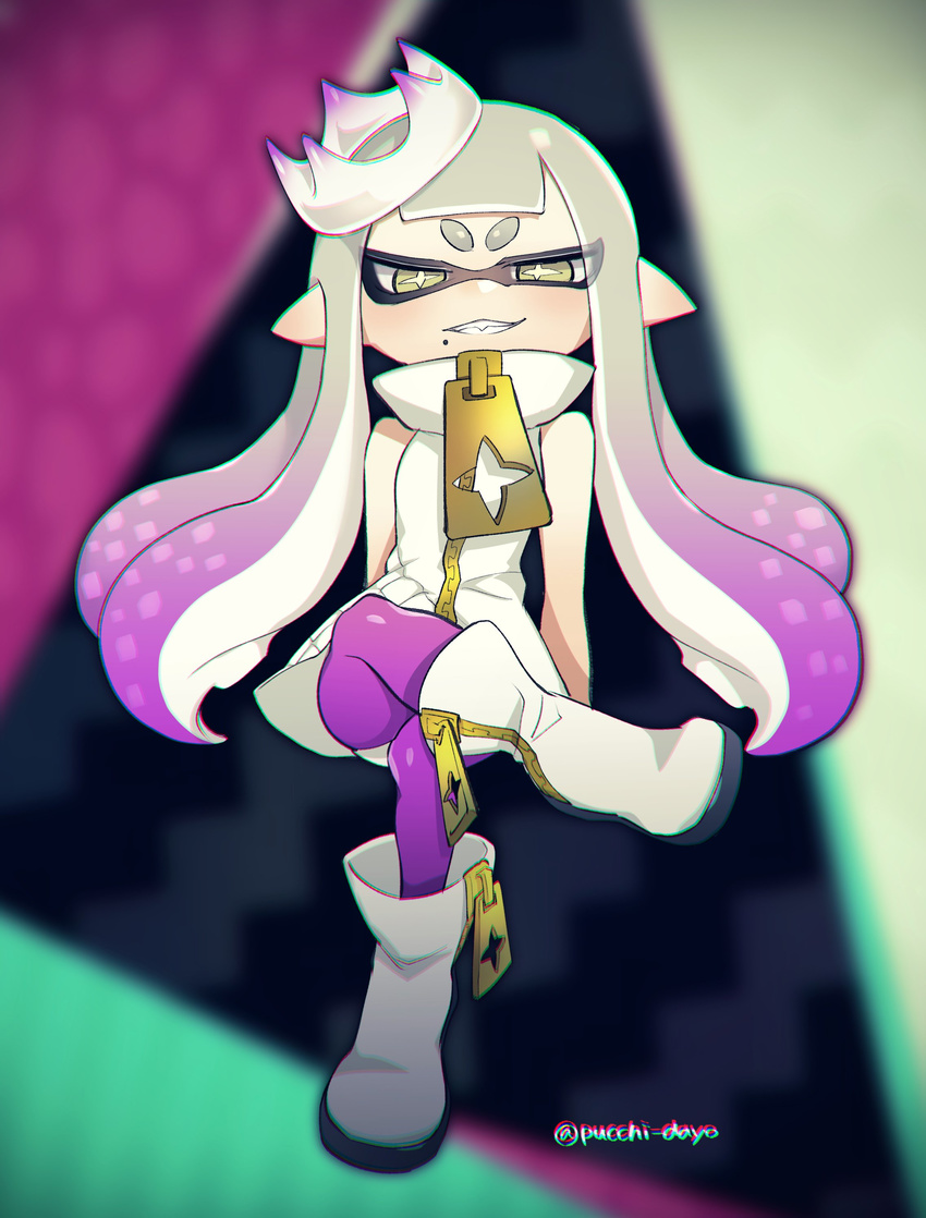 1girl absurdres alternate_hair_length alternate_hairstyle bare_arms bare_shoulders boots crossed_legs crown domino_mask dress fang fingerless_gloves full_body gloves highres hime_(splatoon) long_hair looking_at_viewer mask mole mole_under_mouth multicolored_hair pantyhose pink_legwear pointy_ears puchiman sitting sleeveless sleeveless_dress smile solo splatoon_(series) splatoon_2 symbol-shaped_pupils teeth tentacle_hair twitter_username two-tone_hair white_hair yellow_eyes zipper