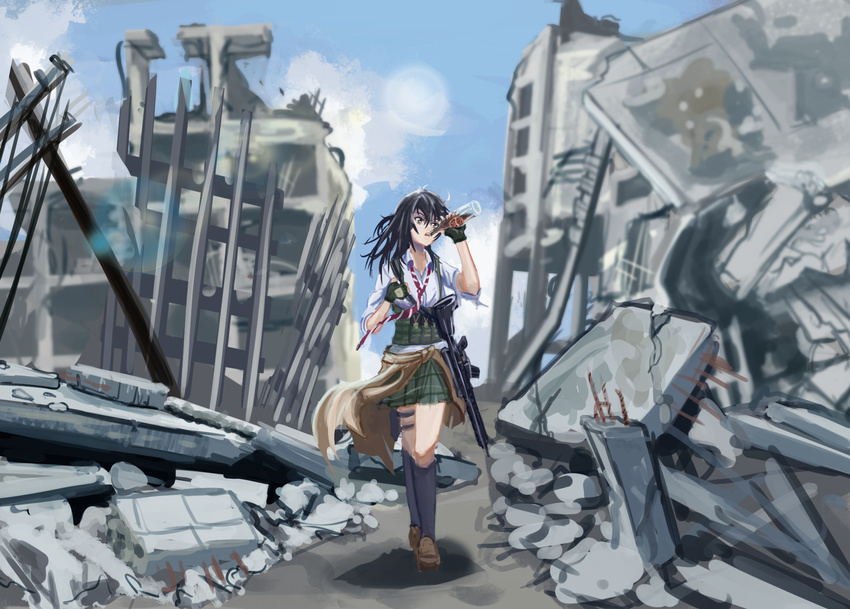 ar-15 assault_rifle black_hair blue_legwear blue_sky bottle brown_eyes brown_footwear clothes_around_waist cloud coppelion dailuo drinking fallout fingerless_gloves gloves green_skirt green_vest gun highres holster jacket_around_waist kneehighs lens_flare loafers miniskirt naruse_ibara necktie nuka_cola outdoors post-apocalypse red_neckwear rifle rubble ruins shoes skirt sky sleeves_pushed_up sleeves_rolled_up solo striped striped_neckwear thigh_holster vest walking weapon