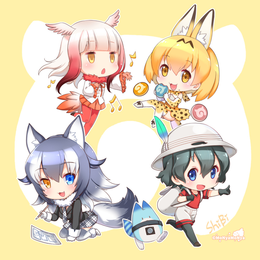 animal_ears backpack bag black_gloves black_hair black_legwear blue_eyes blush bow bowtie breasts chibi cleavage eyebrows_visible_through_hair fang feathers food fur_collar gloves grey_wolf_(kemono_friends) hat head_wings helmet heterochromia highres japanese_crested_ibis_(kemono_friends) japari_bun kaban_(kemono_friends) kemono_friends long_hair long_sleeves looking_at_viewer lucky_beast_(kemono_friends) medium_breasts multicolored_hair multiple_girls necktie open_mouth orange_bow orange_eyes orange_hair orange_legwear orange_neckwear pantyhose pencil pith_helmet red_hair red_legwear red_skirt serval_(kemono_friends) serval_ears shibi short_hair skirt smile tail thighhighs twitter_username two-tone_hair wavy_hair white_hair wolf_ears wolf_tail yellow_eyes