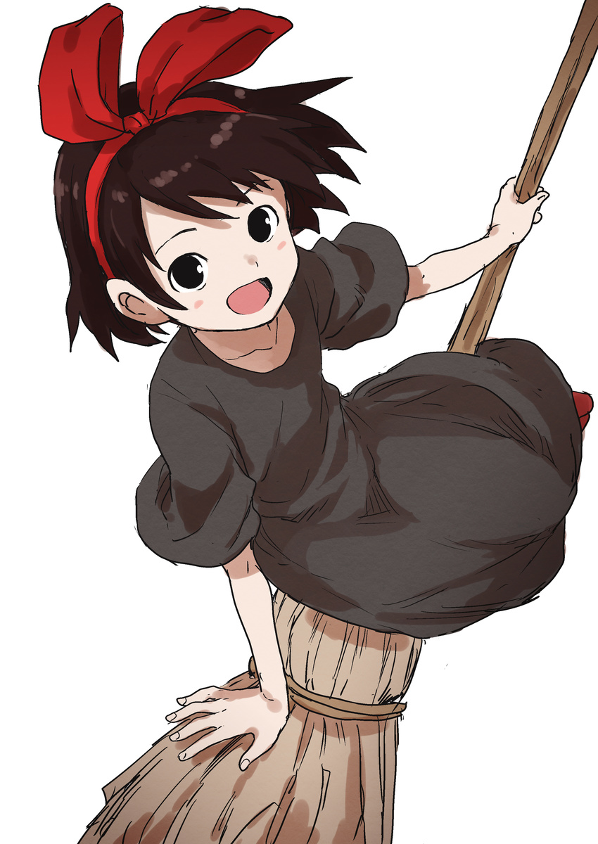 :d absurdres bangs black_dress black_eyes blush bow broom broom_riding brown_hair dress hair_bow hairband highres kiki looking_at_viewer majo_no_takkyuubin open_mouth red_bow short_hair sidesaddle simple_background sitting smile solo white_background yamamoto_souichirou