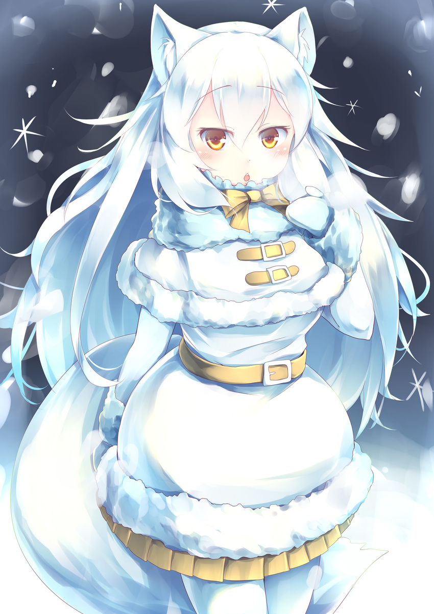 :o absurdres animal_ears arctic_fox_(kemono_friends) bangs belt_buckle blush bow bowtie breasts buckle capelet chestnut_mouth commentary cowboy_shot dress fox_ears fox_tail fur-trimmed_capelet fur-trimmed_dress fur_collar fur_trim hair_between_eyes highres kanzakietc kemono_friends light_blue_hair looking_at_viewer multicolored_hair open_mouth pantyhose small_breasts snow solo standing tail teeth two-tone_hair white_capelet white_dress white_hair white_legwear yellow_belt yellow_bow yellow_eyes yellow_neckwear