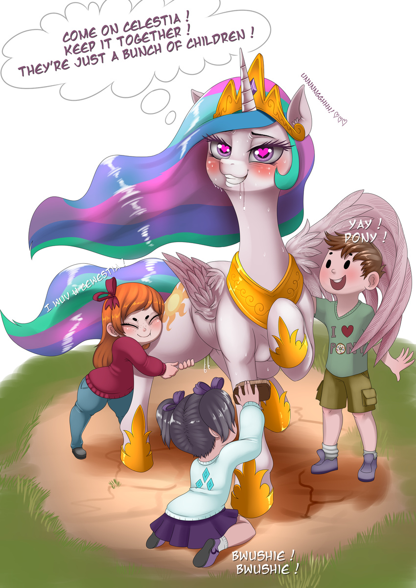 &lt;3_eye 2017 blush clothing cutie_mark dankflank drooling english_text equine eyes_closed feathered_wings feathers female feral footwear friendship_is_magic group hair horn human long_hair mammal multicolored_hair my_little_pony open_mouth princess_celestia_(mlp) pussy_juice saliva shirt shoes skirt standing text winged_unicorn wings young