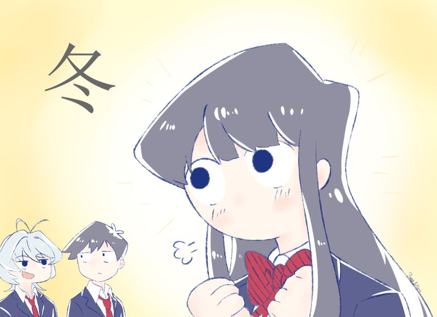 2boys =3 absurdres antenna_hair black_eyes black_hair blush bow bowtie clenched_hands closed_mouth highres komi-san_wa_komyushou_desu komi_shouko long_hair looking_at_another multiple_boys necktie no_mouth open_mouth osana_najimi_(komi-san_wa_komyushou_desu) red_neckwear school_uniform shino_kitsune short_hair tadano_hitohito upper_body white_hair wide-eyed yellow_background