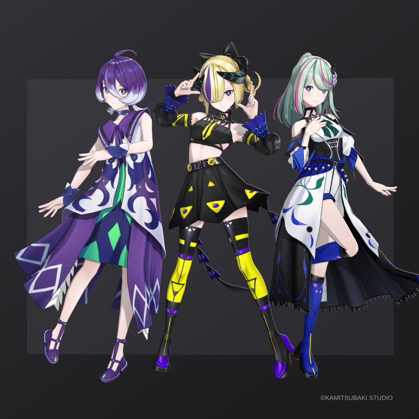 3girls absurdres ahoge ankle_strap belt black_belt black_bow black_corset black_shirt black_skirt black_thighhighs blonde_hair blue_eyes blue_shoes blue_socks blue_wrist_cuffs blunt_bangs bob_cut boots bow choker coat commentary_request corset crop_top detached_sleeves dress flipped_hair framed_breasts girls_revolution_project gradient_hair green_dress green_hair hair_between_eyes hair_bow hair_over_one_eye hair_rings halterneck high_collar high_heel_boots high_heels highres hinageshi_(girls_revolution_project) horns kamitsubaki_studio knee_boots kneehighs layered_skirt layered_sleeves long_hair long_sleeves looking_at_viewer midriff_peek mikoto_(girls_revolution_project) multicolored_coat multicolored_eyes multicolored_hair multicolored_skirt multicolored_thighhighs multiple_girls nanodes3d necktie official_alternate_costume official_art one_eye_covered overskirt pink_hair pink_streaks pleated_skirt ponytail print_dress puffy_long_sleeves puffy_sleeves purple_coat purple_hair purple_sailor_collar purple_streaks sailor_collar shirt shoes shorts side_part skirt sleeveless sleeveless_coat sleeveless_dress socks standing standing_on_one_leg streaked_hair striped_clothes thighhighs triangle_print underbust vertical-striped_clothes white_coat white_hair white_shirt white_shorts wrist_cuffs yellow_necktie yellow_pupils yellow_trim yunagi_(girls_revolution_project)