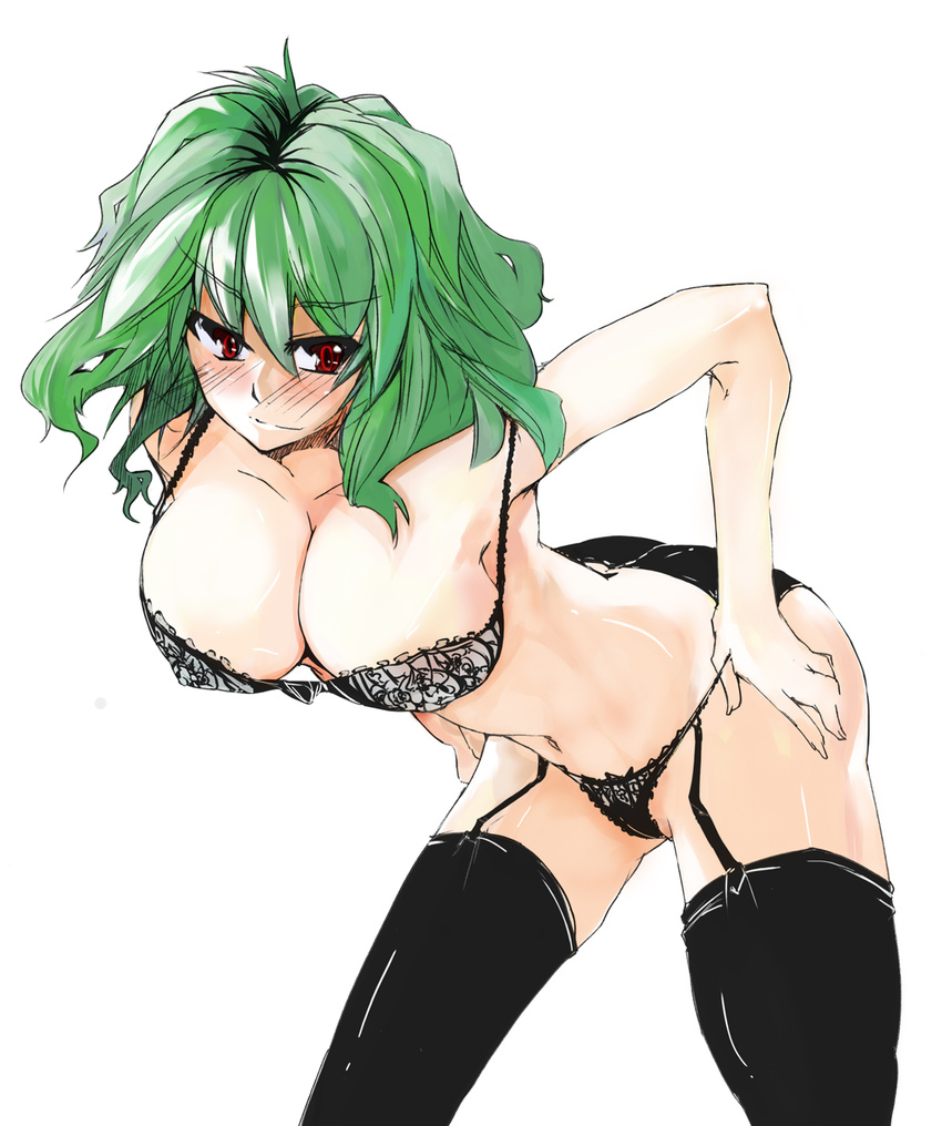 bad_id bad_pixiv_id bent_over black_legwear black_panties blush breasts cleavage green_hair highres kazami_yuuka lace large_breasts lingerie navel panties red_eyes short_hair smile solo thighhighs toono_yayoi touhou underwear