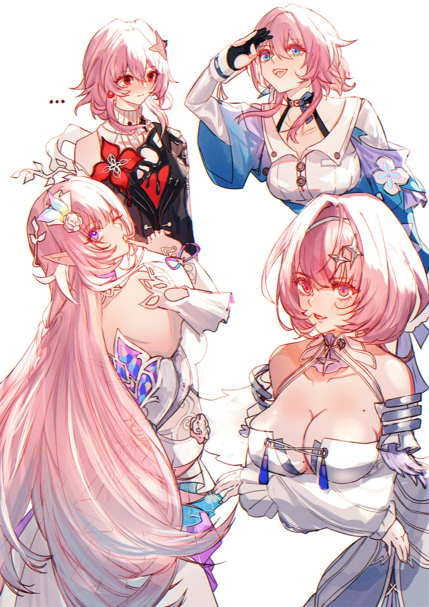 4girls absurdres breasts cleavage color_connection commentary company_connection cropped_shoulders cyrene_(demiurge)_(honkai:_star_rail) cyrene_(honkai:_star_rail) dress dual_persona english_commentary evernight_(honkai:_star_rail) flower hair_color_connection hair_flower hair_ornament highres honkai:_star_rail honkai_(series) looking_at_another looking_at_viewer march_7th_(honkai:_star_rail) march_7th_(preservation)_(honkai:_star_rail) medium_breasts mihoyo multiple_girls pink_eyes pink_hair red_eyes remielle_dan sera_(serappi) shirt white_dress white_shirt zenless_zone_zero