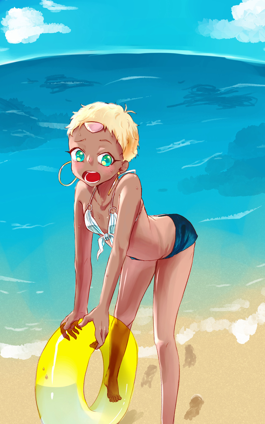 1girl barefoot beach bikini blonde_hair blue_eyes chat dark_skin earrings flat_chest midriff open_mouth sea short_hair short_shorts shorts tales_of_(series) tales_of_eternia water