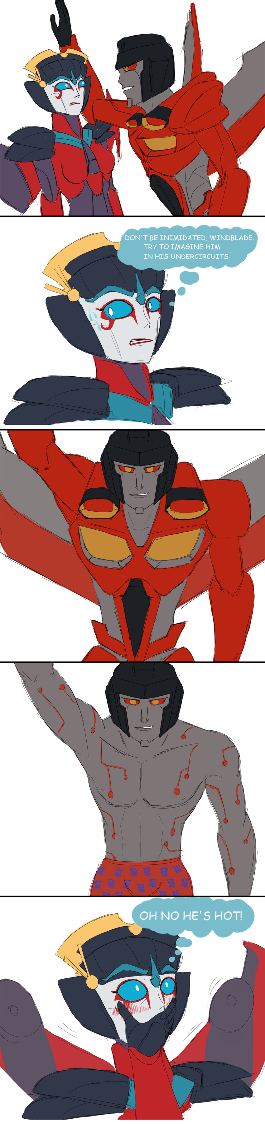 2015 alien armor blue_sclera blush breasts clothed clothing comic cybertronian duo english_text eye_markings female helmet humanoid humor lipstick living_machine machine makeup male male/female markings parody red_sclera robot simple_background starscream sweat sweatdrop text tggeko the_simpsons thought_bubble topless transformers white_background windblade wings yellow_eyes