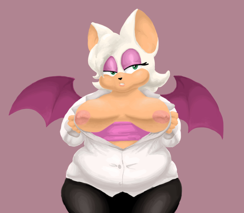 bat breasts cageofmirrors_(artist) exposed_breasts female green_eyes looking_at_viewer mammal nipples overweight pink_nipples rouge_the_bat solo sonic_(series) wings