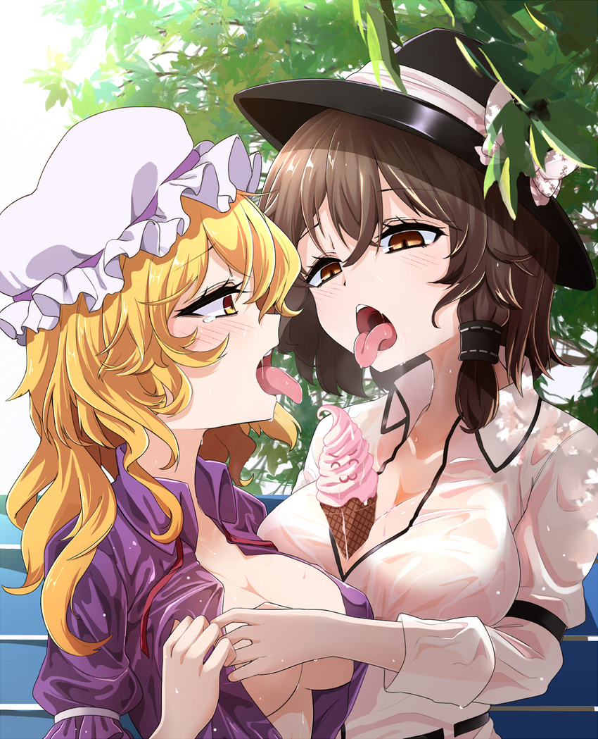 between_breasts black_hat blonde_hair blush bow breasts brown_eyes brown_hair cleavage collared_shirt commentary_request food hat hat_bow highres ice_cream large_breasts maribel_hearn mob_cap multiple_girls no_bra open_mouth purple_shirt rihito_(usazukin) sexually_suggestive shirt tears tongue tongue_out touhou usami_renko wet wet_clothes wet_shirt white_bow white_hat white_shirt wing_collar yellow_eyes yuri