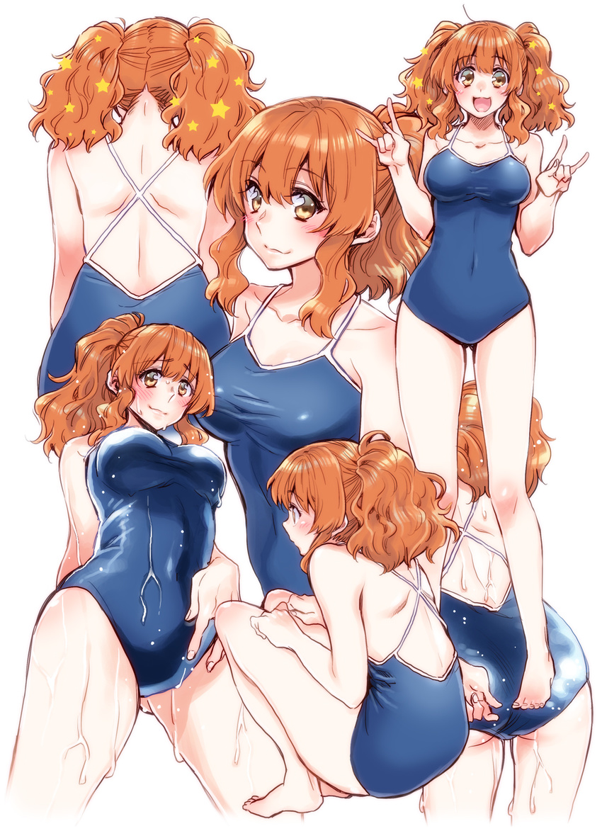 :3 adjusting_clothes adjusting_swimsuit blue_swimsuit breasts brown_eyes brown_hair commentary_request competition_school_swimsuit double_v from_behind from_below full_body hair_ornament highres idolmaster idolmaster_cinderella_girls large_breasts long_hair moroboshi_kirari multiple_views one-piece_swimsuit school_swimsuit squatting standing star star_hair_ornament swimsuit takanashi_ringo v