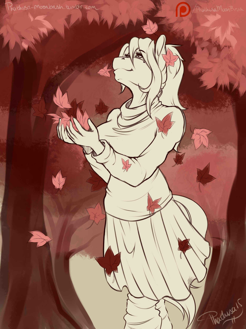 2015 5_fingers anthro autumn beauty_mark breasts clothed clothing cookie_(oc) earth_pony equine eyebrows eyelashes falling_leaves fan_character female hi_res holding_object horse mammal my_little_pony outside phathusa pony skirt solo sweater